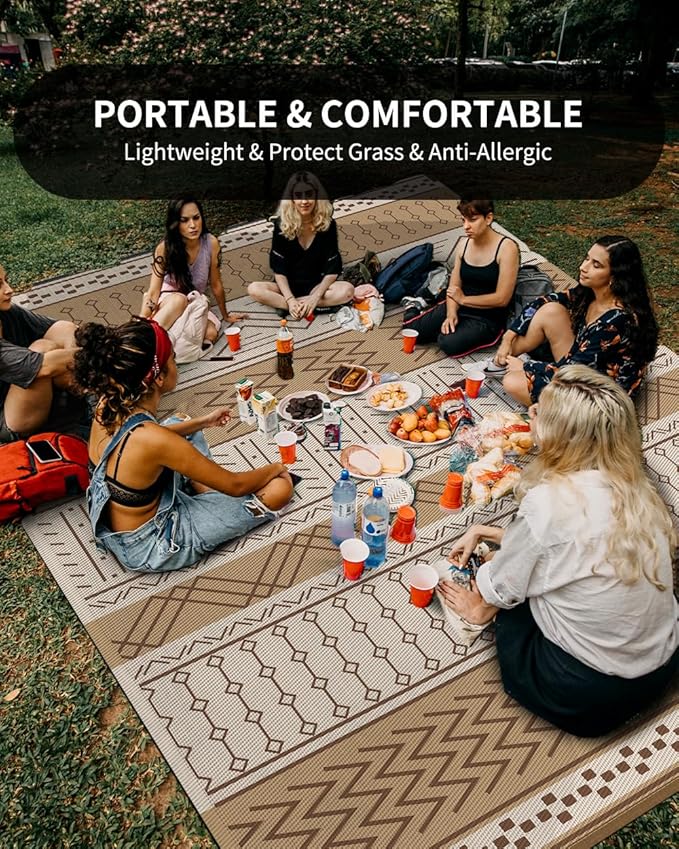 Outdoor Rug Carpet Waterproof 5x8 ft Patio Rug Mat Indoor Outdoor Area Rug for RV Camping Picnic Reversible Lightweight Plastic Straw Outside Rug for Patio Decor Decoration Boho Rug Brown Beige