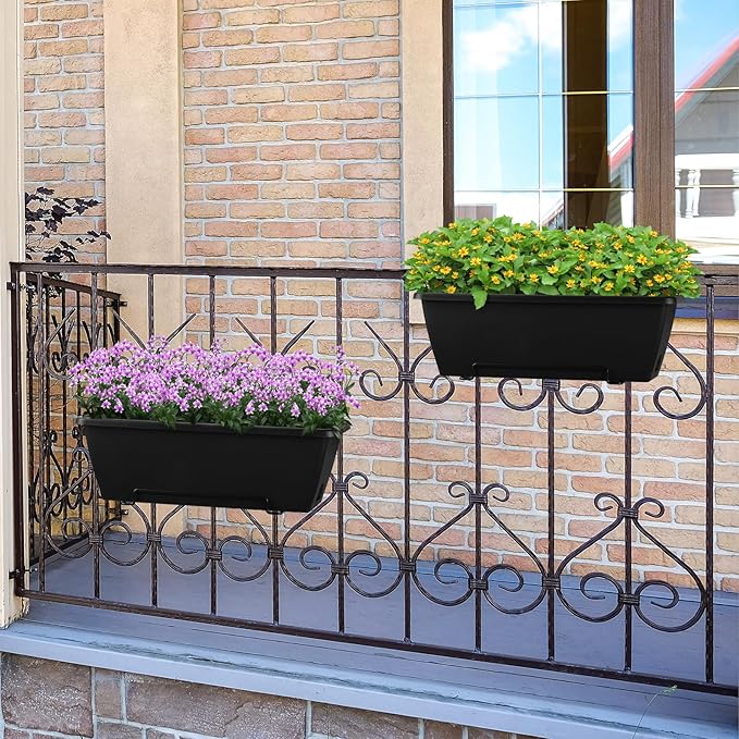 HAITRAL Hanging Planters for Outdoor Plants,Deck Railing Planter Boxes Countryside Style Window Boxes Planters, Balcony Flower Pots Plastic Railing Planter with Metal Brackets for Fence,Black 2 Pcs