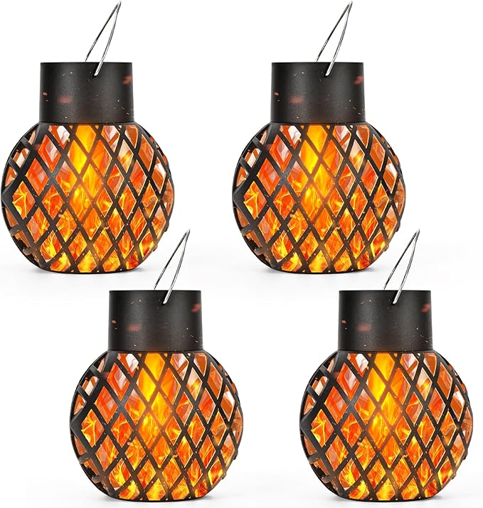GIGALUMI Solar Lights Outdoor Waterproof,4 Pack Solar Hanging Lights with Flickering Flame,Outdoor Solar Lights for Yard,Patio,Tree,Camping,Christmas Decoration,New Upgraded Larger Lanterns