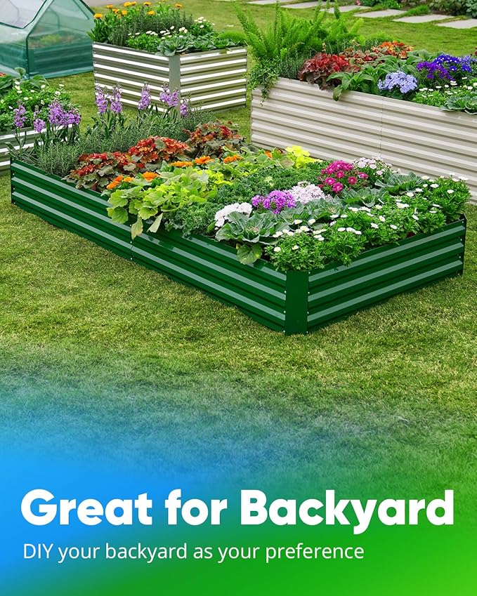 Quictent Galvanized Raised Garden Bed 8x4x1 Ft Metal Planter Box for Vegetables Bottomless for Backyard, 2 Tomato Cages Included, Green
