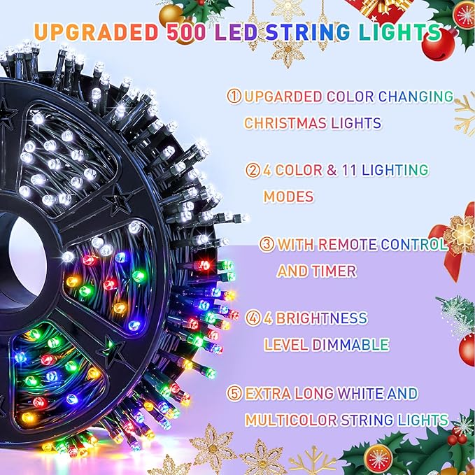 JMEXSUSS 500 LED Color Changing Christmas Lights, 173ft White & Multicolor String Lights with Remote Outdoor Waterproof Christmas Tree Lights Plug in for Christmas Indoor Decor
