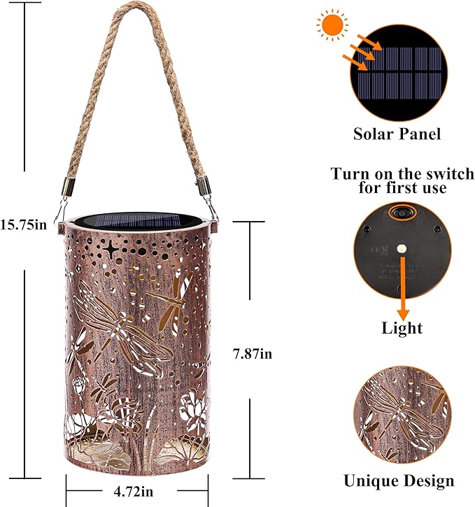 Toodour Solar Lantern Outdoor, Dragonfly Gifts for Women Mom Grandma Hanging Solar Outdoor Lights Waterproof, Hollow Out Retro Metal Dragonfly Lights for Patio, Balcony, Walkway, Yard Decorations
