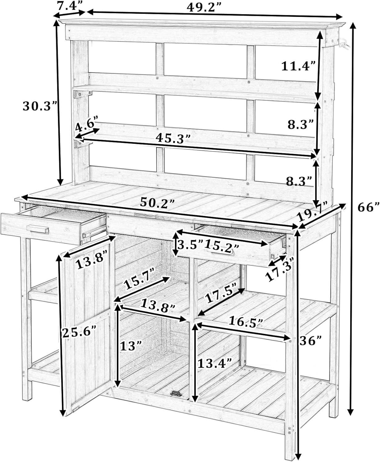 Merax 66" Large Outdoor Farmhouse Wooden Potting Bench Table, Garden Workstation with 2 Drawers, Cabinet, and Open Shelves for Backyard, Mudroom, White