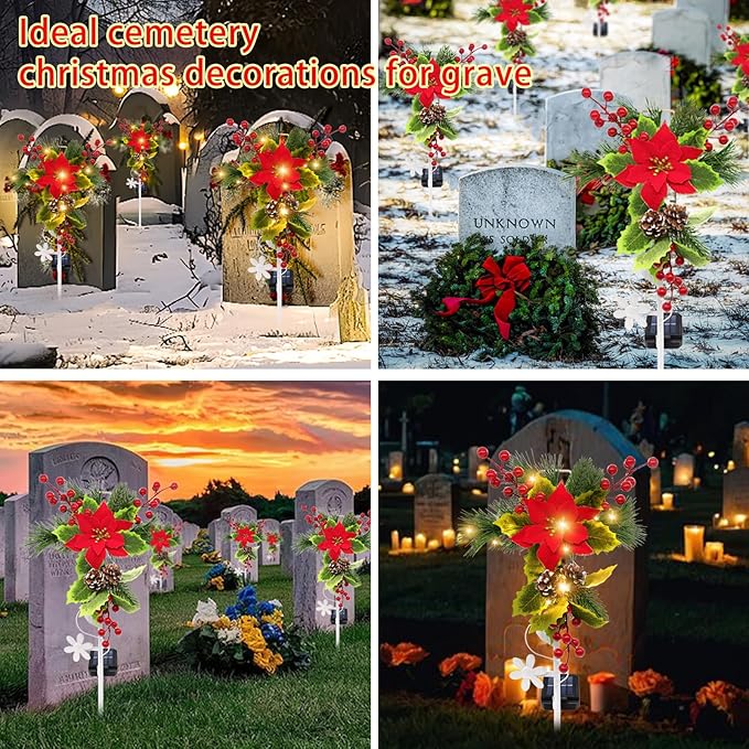 Solar Christmas Decorations Outdoor, 32 Inch Solar Christmas Cross Stake Lights, Waterproof Grave Decorations with Poinsettia Flower Pinecones Red Berries for Garden Yard Patio Lawn Cemetery