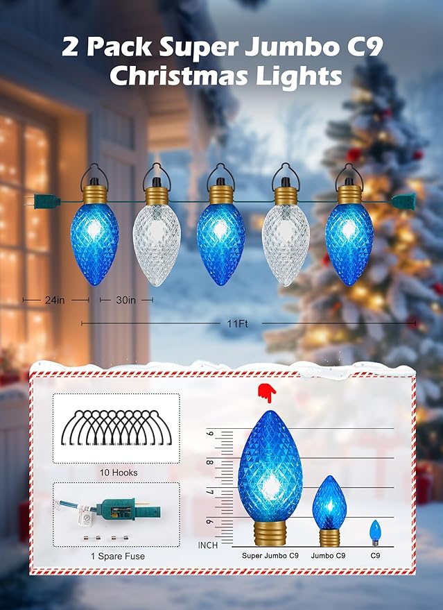 2 Pack 11Feet 5 LED Super Jumbo Christmas String Lights or Pathway Marker Lights, Outdoor Xmas Decorations- Jumbo C9 Hanging Lights Waterproof Lawn Dec for Holiday Home Tree Roof Yard, Blue & White