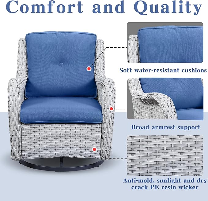 5 Piece Outdoor Patio Furniture Set - Patio Wicker Furniture Conversation Set, Outdoor Swivel Rocker Chairs with Loveseat Sofa and 2 Ottomans for Small Space, Blue Cushion