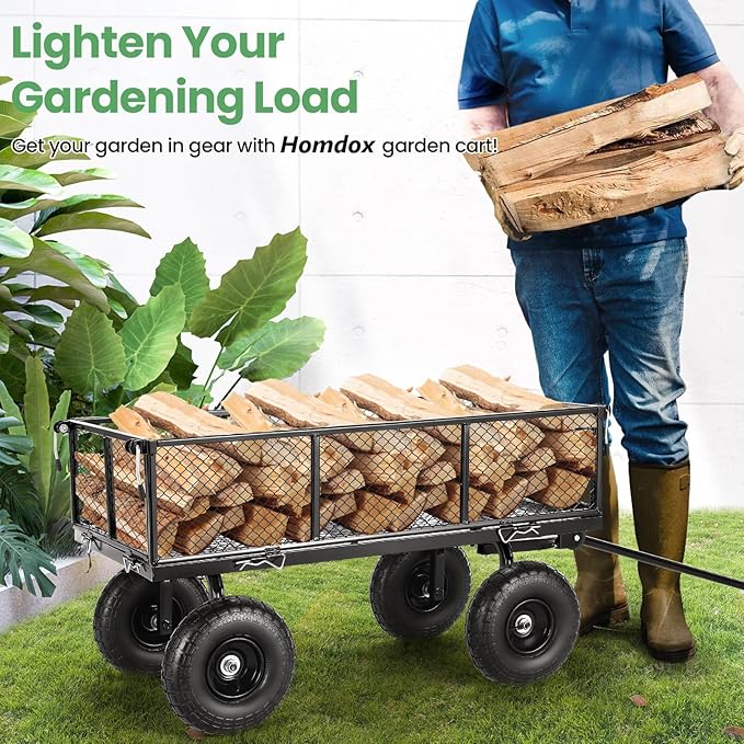 Homdox 660LB Garden Cart on Wheels, Heavy Duty Yard Wagon with 180ยฐ Rotating Handle, Mesh Foldable Garden Wagon Outdoor Utility Carts for Camping, Sports, Garden, Beach, Farm, Fishing, Black