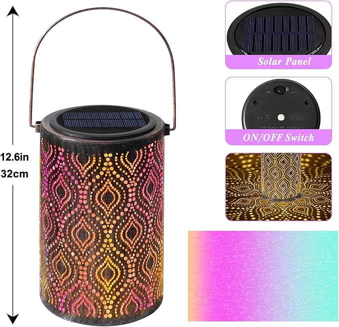Solar-Powered Iron Art Lantern - Two Lighting Modes Waterproof Hanging Ambiance Lighting for Gardens & Patios, Perfect as Decorative Gift Housewarming Gift Mom Gifts (Peacock Feather)
