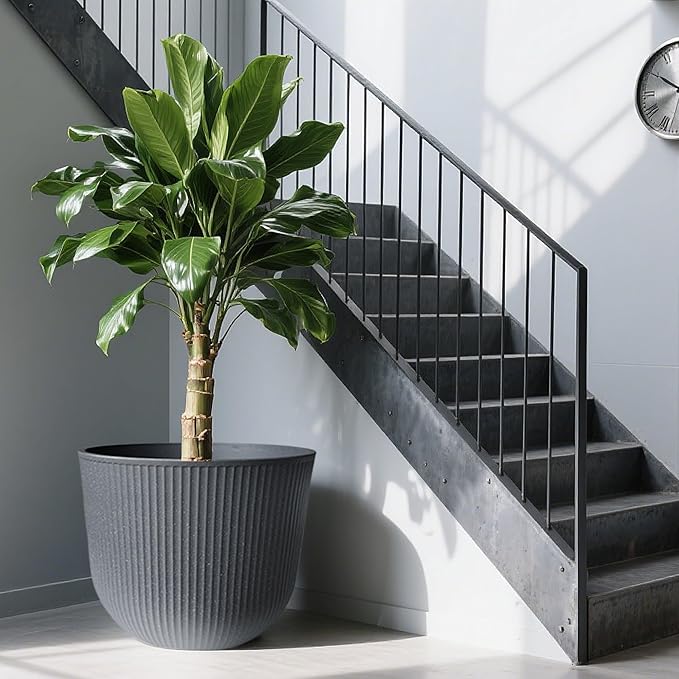 WORTH Garden Round Large Planter Pot 1-Pack - 17.5" Dia x 15.5" H - Durable Plastic Grey Plant Tree Pots with Vertical Stripe Textured Finish, Drainage Hole for Indoor, Outdoor, Front Porch, Patio