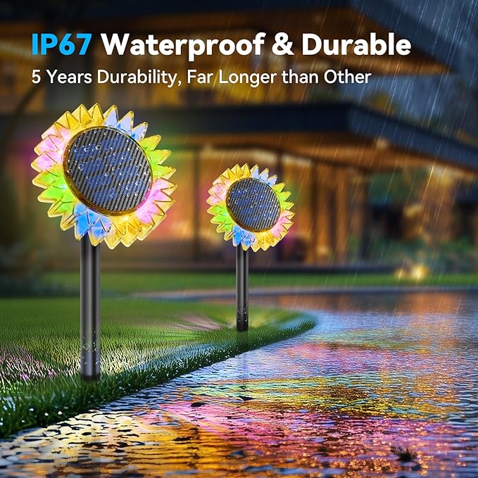 Solar Garden Lights - Upgraded Solar Sunflower Light, Ground/Wall 2 In 1, Outdoor Lights Waterproof IP67,Garden Yard Patio Backyard Pathway Landscape Fence Wall Decoration, Multicolor(2 Pack)