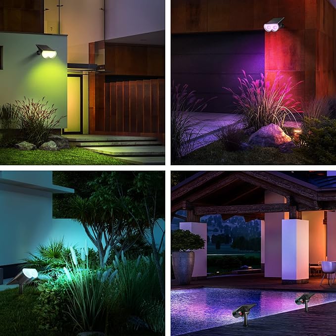Consciot Solar Spot Lights Outdoor, 16 LEDs IP67 Waterproof Color Changing Solar Outdoor Lights, 8 Colors, Auto On/Off, 2-in-1 Adjustable Wall Lights for Garden Yard Pathway, 4 Pack(RGB)