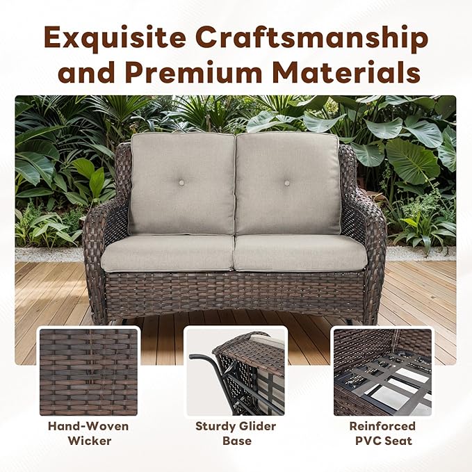 8 Piece Outdoor Patio Furniture Set - 41" CSA Propane Fire Pit Table Patio Conversation Set with Swivel Rocker Outdoor Chairs, Wicker loveseat and Ottoman for Outside Casual Gathering