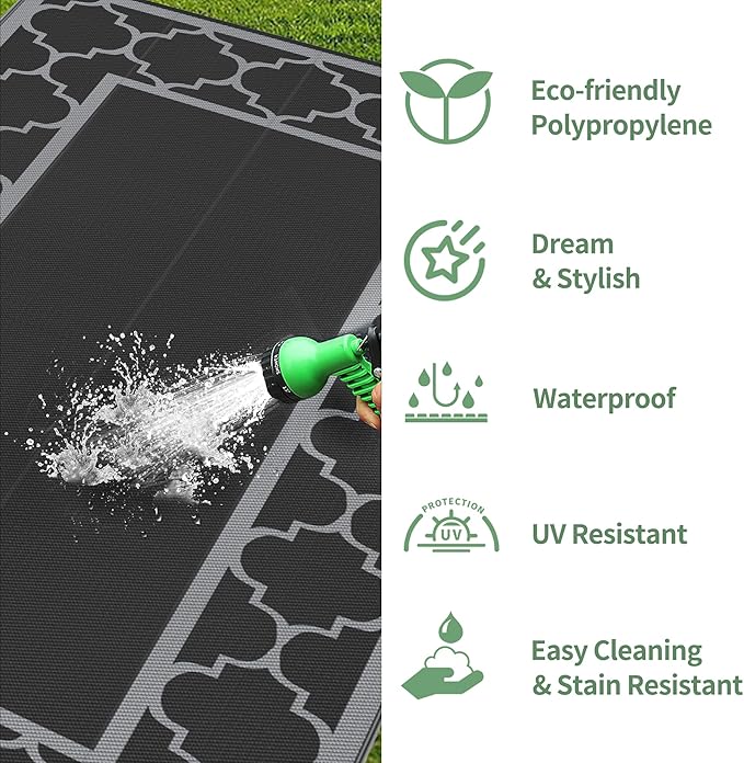 GENIMO 9' x 18' Outdoor Rug Waterproof for Patio, Foldable Reversible Plastic Straw Area Rugs Mat for Rv Decor, Outside Carpet for Camper, Deck, Picnic, Beach, Balcony, Porch, Black & Grey