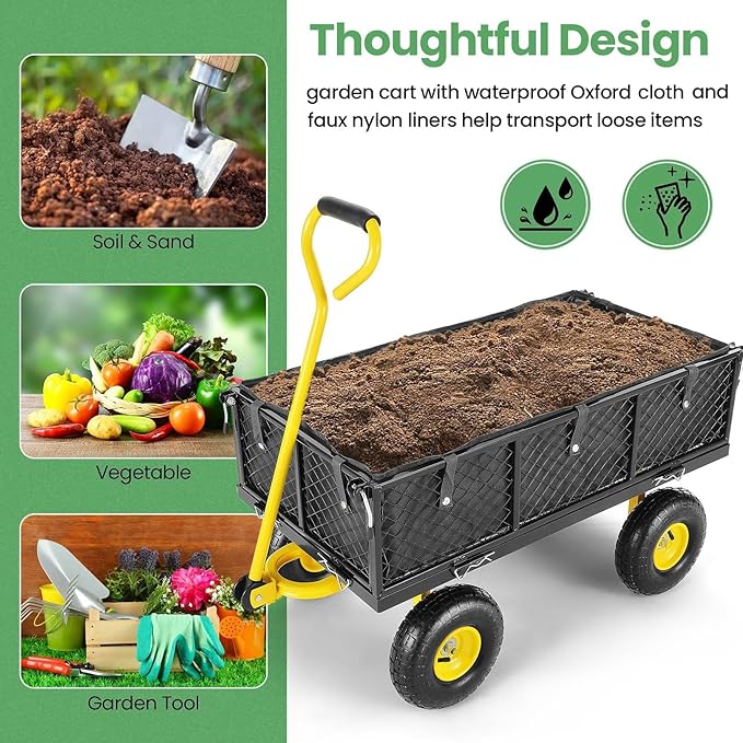 Homdox MAX 880 Lbs Garden Cart, Heavy Duty Foldable Mesh Steel Garden Wagon with 180ยฐ Rotating Handle and 10 Inch Tires, Pullable Yard Cart for Yard Garden Beach Farm, Yellow with Bag