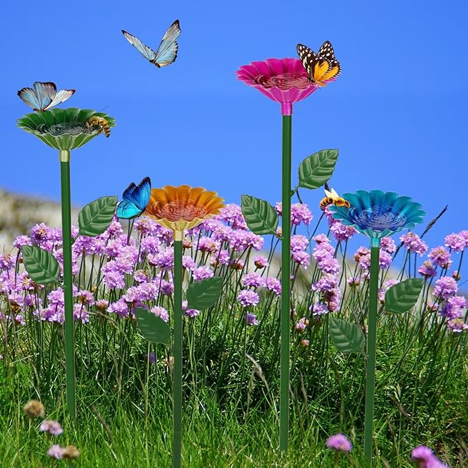 4 Pack Bee Watering Station, Bee Bath for Garden Metal Bee Water Feeder with Flower Design, Colorful Butterfly Bee Bath Bowl for Outdoor Garden Yard Decor (Red,Green,Blue,Yellow)