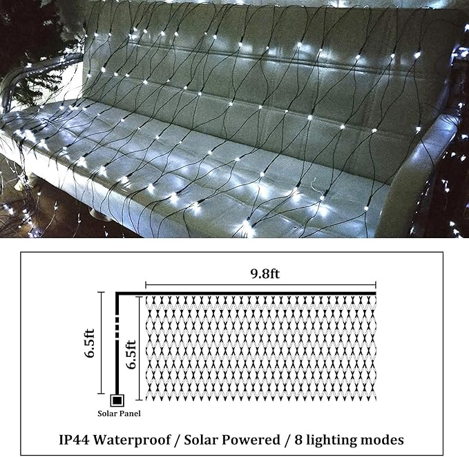 Christmas Net Lights, 204 LED Outdoor Mesh Lights Waterproof, Bush Solar Net Lights with 8-Lighting Modes for Tree Garden Yard Christmas Wedding Party Decoration(White)