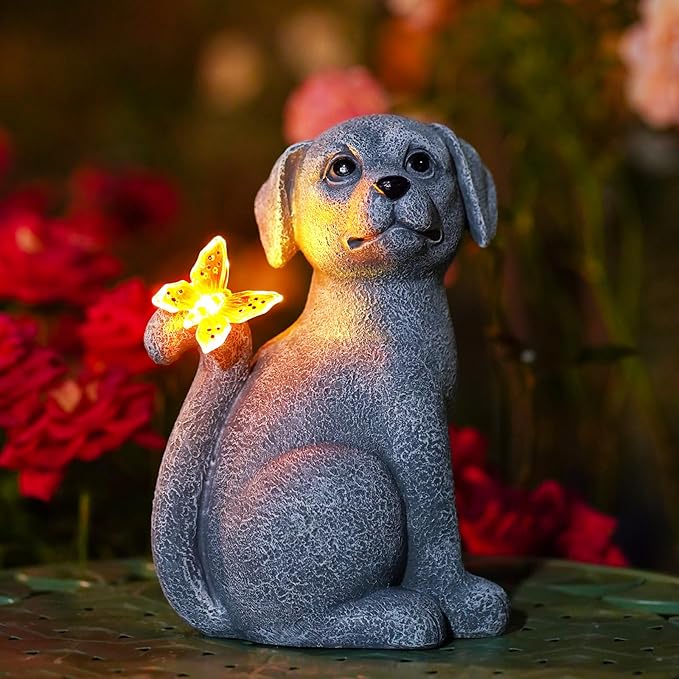 Garden Decor Solar Dog Statues: Outdoor Sculptures with Glowing Butterfly for Lawn Ornaments Yard Art Porch Patio Balcony - Gifts for Mom Grandma Women