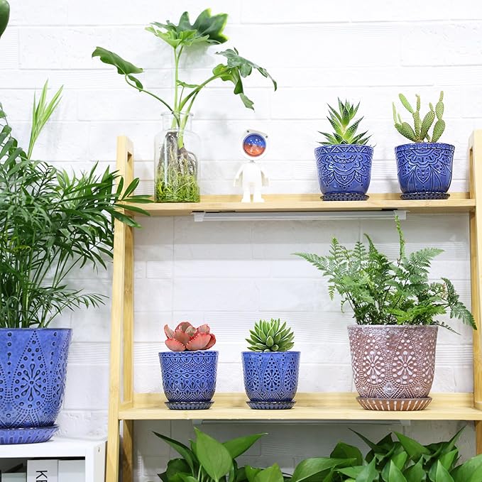 Gepege Succulent Pots, 4 Inch Small Indoor Ceramic Planter Pot with Drainage Holes and Saucers for Plants- Creamy White - Set of 4