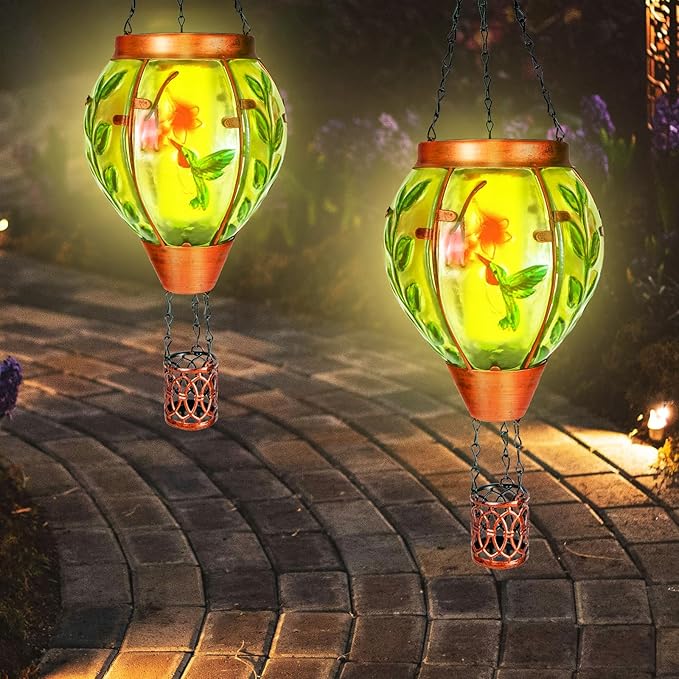 Hummingbird Solar Hot Air Balloon Lantern,Outdoor Decor with Flame Lights Waterproof, Hanging Lights for Garden Yard Lawn Patio, Unique Gifts for Women Mom Grandma Gardener for Mother'Day