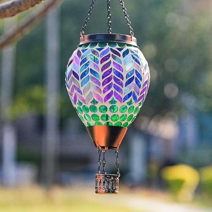 Mosaic Hot Air Balloon Solar Lanterns Outdoor Waterproof, Colorful Glass Solar Hanging Lantern Lights for Garden Patio Yard Gifts for Women Mom Grandma