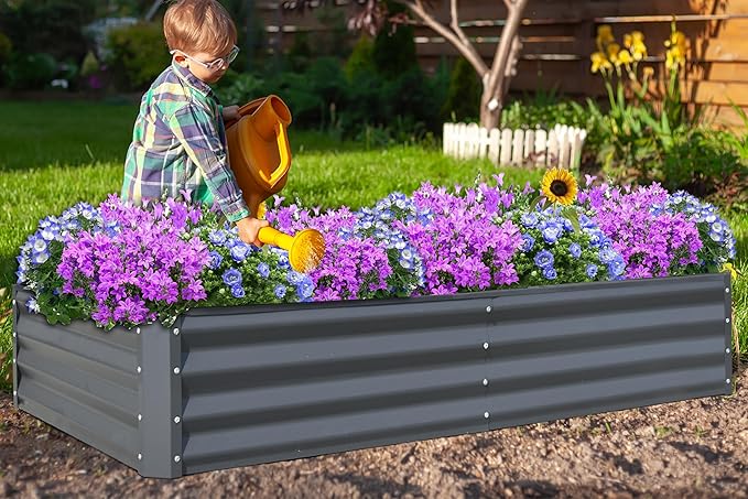 Domi Galvanized Raised Garden Bed, Outdoor Planter Garden Boxes Large Metal Planter Box for Gardening Vegetables Fruits Flowers, Dark Grey(8x4x1ft)