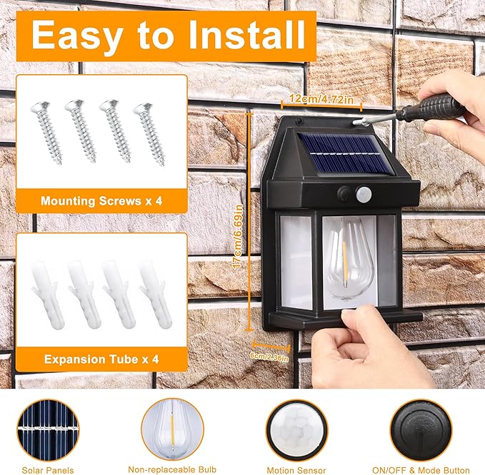 Joomer Solar Wall Lights Outdoor 2PACK ,Solar Wall Lantern with 3 Modes & Motion Sensor,Dusk to Dawn Porch Lights Fixture,Waterproof Exterior Lighting with Clear Panel for Entryway Front Door