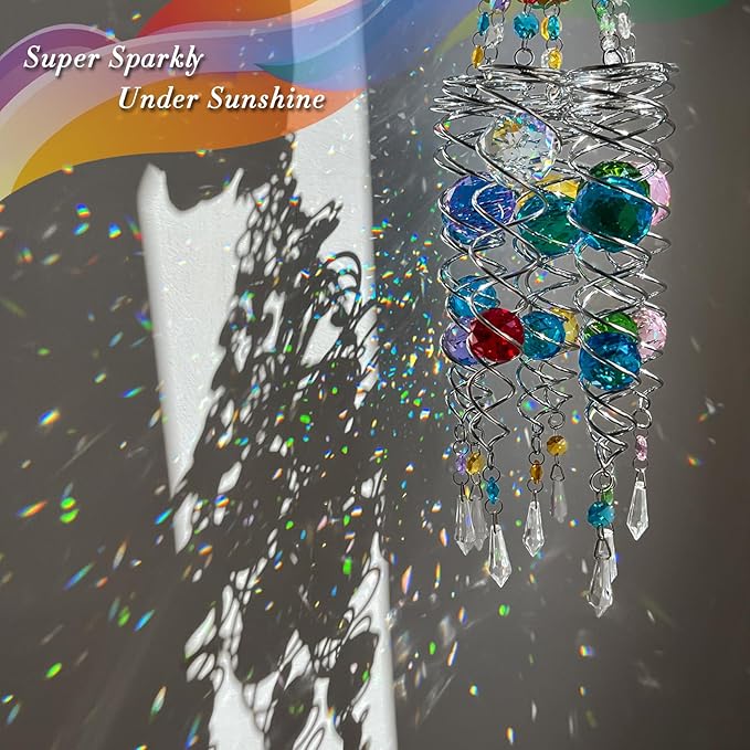 FONMY Evil Eye Gazing Ball Spiral Tail Wind Spinner Sun Catcher Rainbow Maker Silver Spiral W/Purple K9 Crystal Ball Christmas GifTree Hanging Ornament Indoor Outdoor Garden Decor. 19.5inch H