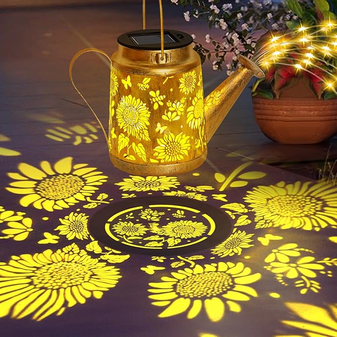 Solar Watering Can Lights Outdoor Garden Decor, Large Sunflower Hanging Lantern with Shepherd Hook, Yellow LED, Gold Finish, Floral Theme, Outdoor Decoration, Parties, Occasions