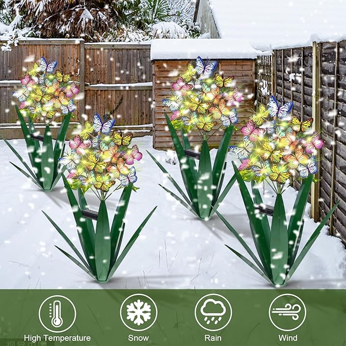 Homight Solar Metal Agave Butterfly Flower Stick Garden Sculpture - Outdoor Christmas Lights With Swaying Butterfly Sunflower - Solar Outdoor Gift (3 PCS Green)