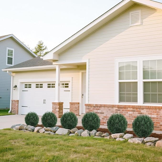 Artificial Cedar Topiary Ball Trees with Ground Spike, 24.6 inche Tall UV-Resistant Fake Outdoor Plants Evergreen Shrubs, Realistic Faux Pine Bushes for Front Porch Home Patio Garden, Set of 4