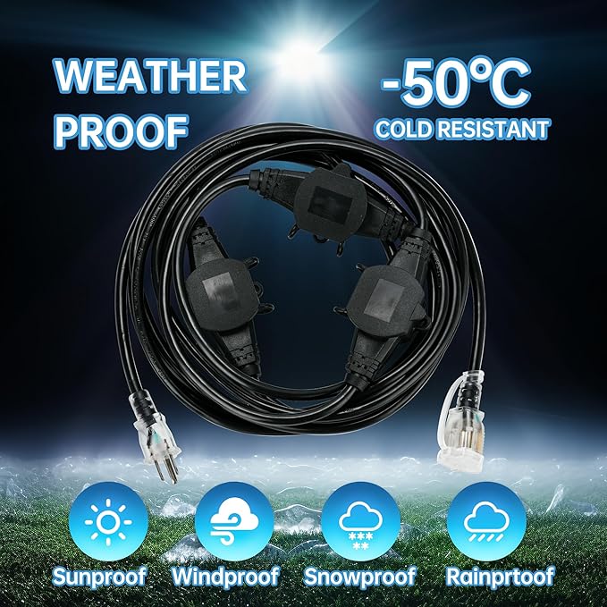 20FT 16 Gauge Multi-Outlet Extension Cord, 4 Evenly Spaced Weatherproof Outlets, Great for Stage Backdrops, Landscape Garden Lighting, Christmas Decorations ETL