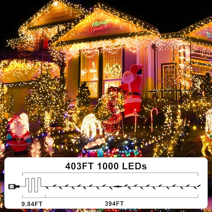 KNONEW 403ft 1000 LED Christmas Lights Color Changing String Lights Outdoor with 11 Modes for Xmas Tree Trunk Yard Porch Outdoor Wedding Party Decorations (Warm White to Multicolor)