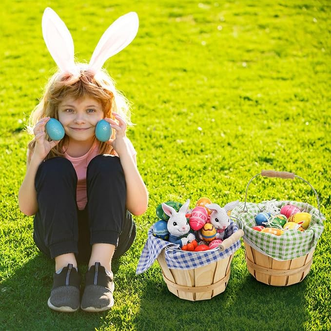 Okllen 2 Pack Round Wooden Baskets with Handle, Empty Wood Fruit Buckets, Easter Basket Fall Harvest Basket for Display Fruits Vegetables, Home Garden and Party Supplies, Natural Color