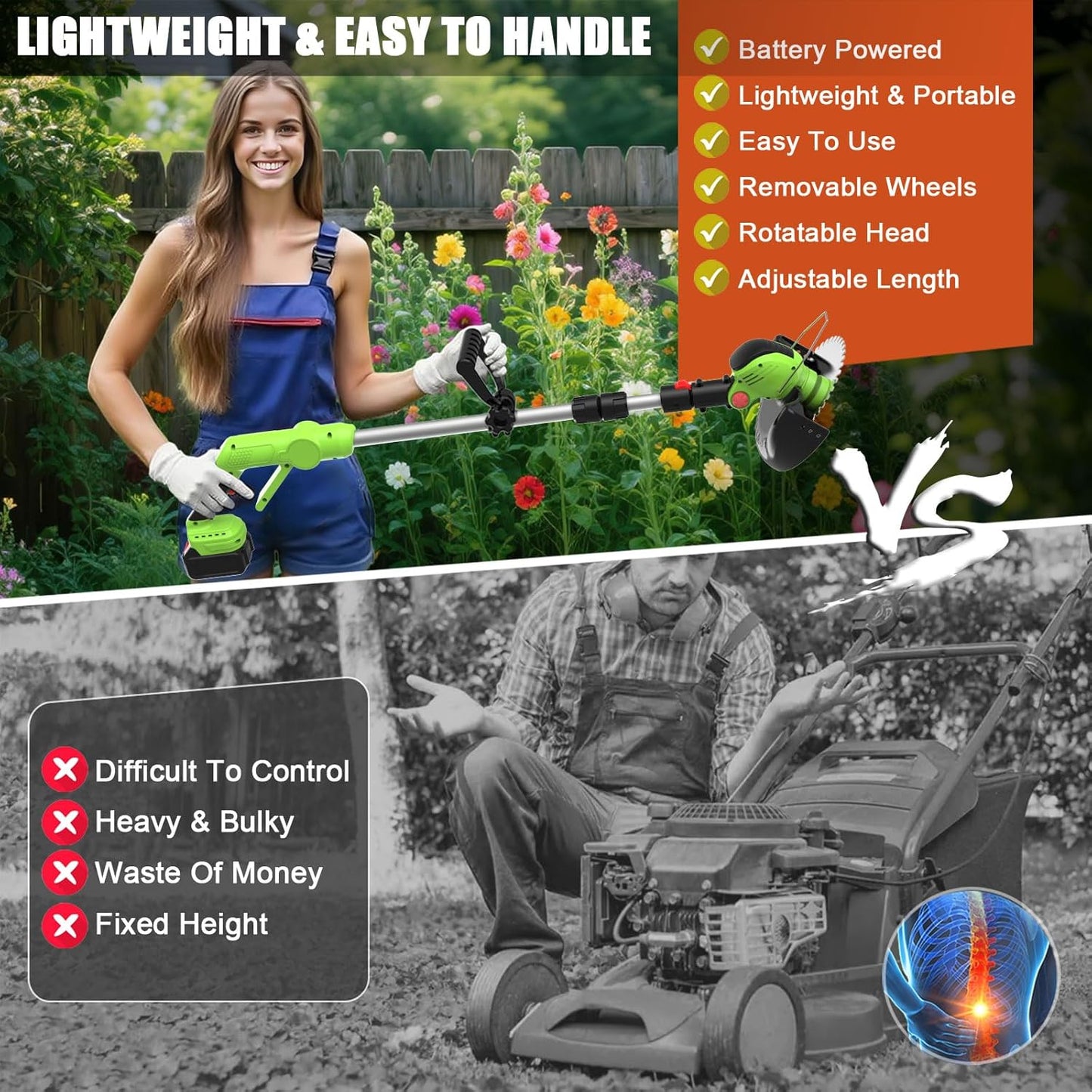 Cordless Electric Weed Wacker Battery Powered, 21v Lightweight Weed Trimmer Eater With 2 4.0Ah Battery Operated & Charger & Wheels & Shears, 3 In1 Grass Trimmer/Brush Cutter/Lawn Edger for Yard Garden