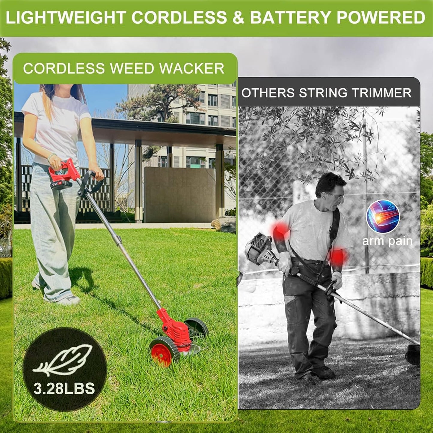 Cordless Weed Wacker Eater Battery Powered, 21V Electric Weed Trimmer with 2 Battery Operated & Charger & Wheels & Shears, 3 in 1 Lightweight No-String Grass Trimmer/Brush Cutter/Lawn Edger for Garden