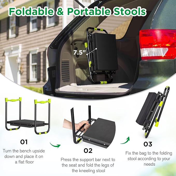 10.8” Wide Garden Kneeler and Seat, Heavy Duty Foldable Gardening Stool with Tool Belt Pouch, Included Thickened Kneeling Pad, Portable Gardening Bench Chair for Seniors & Parents