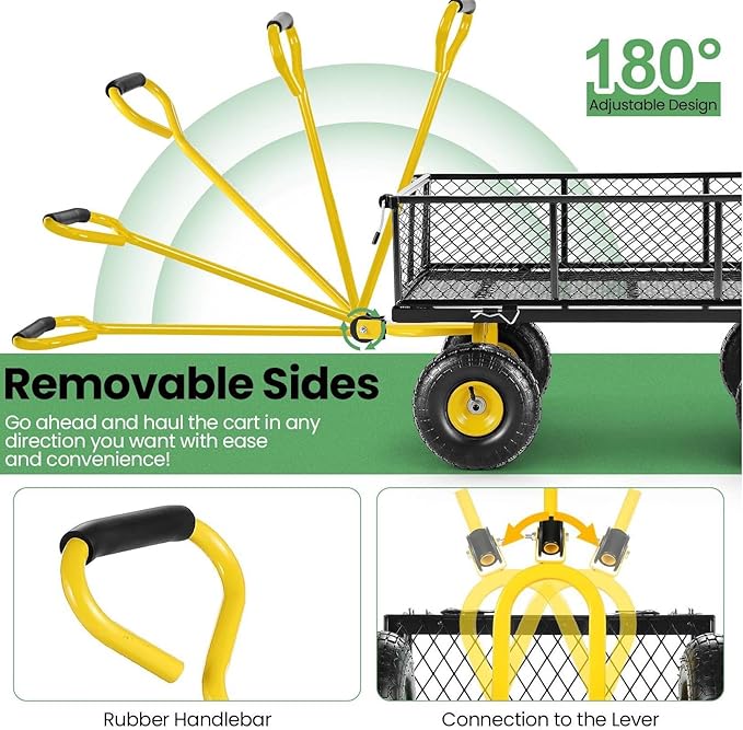 Homdox MAX 880 Lbs Garden Cart, Heavy Duty Foldable Mesh Steel Garden Wagon with 180ยฐ Rotating Handle and 10 Inch Tires, Pullable Yard Cart for Yard Garden Beach Farm, Yellow with Bag