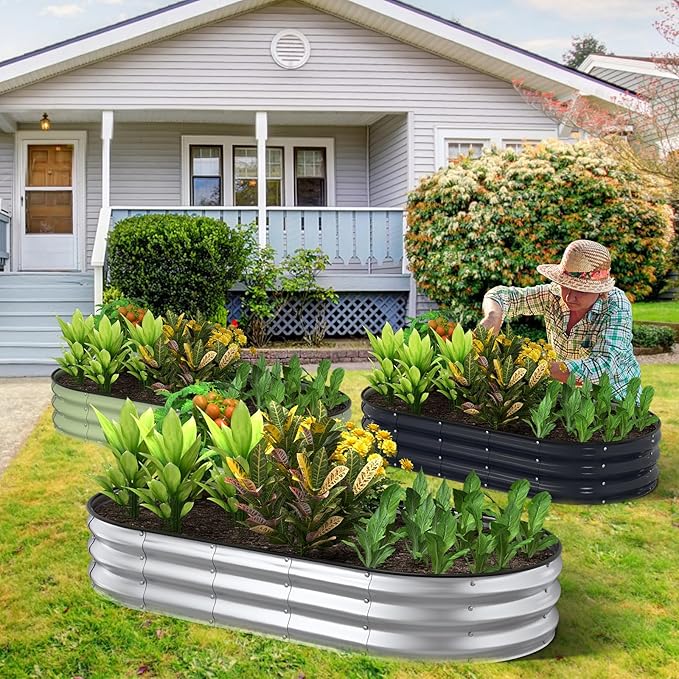 Kesfitt Raised Garden Bed Kit,Outdoor Galvanized Planter Boxes with Safety Edging and Gloves,Large Metal Beds for Gardening Vegetables,Fruits,Flower(6x3x1FT)