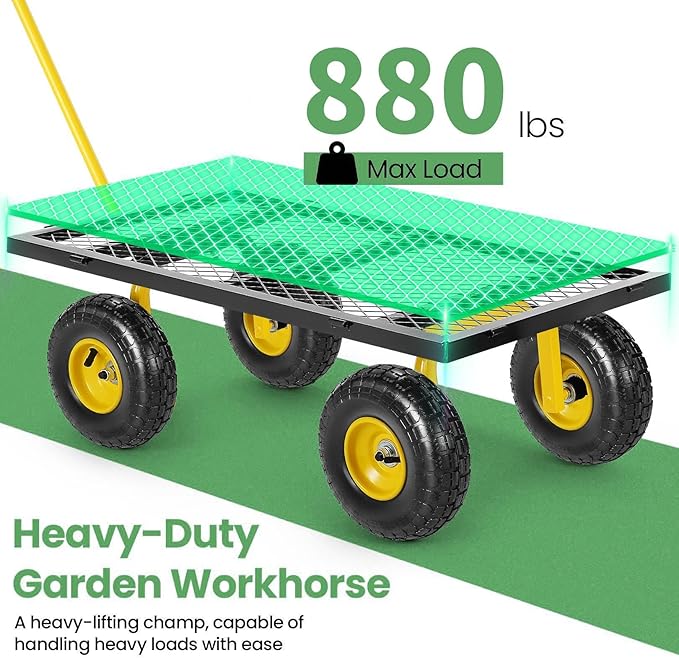 Homdox MAX 880 Lbs Garden Cart, Heavy Duty Foldable Mesh Steel Garden Wagon with 180ยฐ Rotating Handle and 10 Inch Tires, Pullable Yard Cart for Yard Garden Beach Farm, Yellow with Bag
