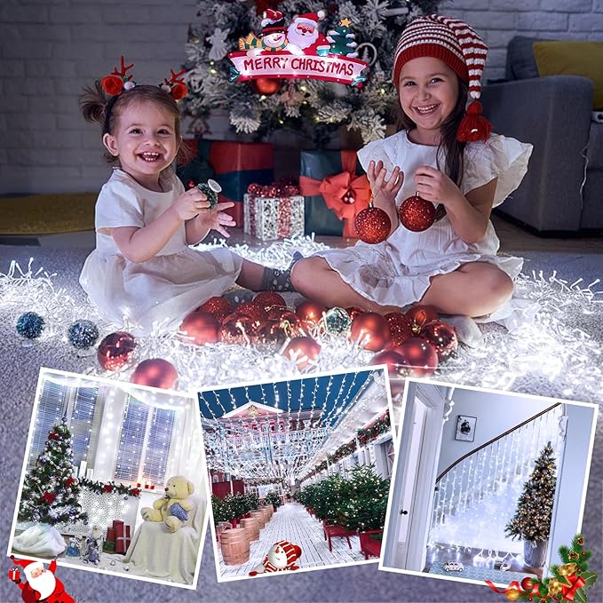 JMEXSUSS 66ft 200 LED White Christmas Lights Indoor Bedroom, Connectable White String Lights Outdoor Clear Wire, 8 Modes Twinkle String Lights Plug in for Room Tree Wedding Christmas Decoration