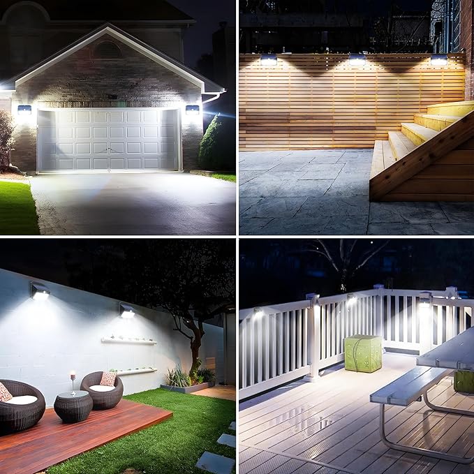 Solar Motion Sensor Fence Lights - Outdoor 4 Pack, 150 LED with 3 Modes, IP65 Waterproof, Solar Powered