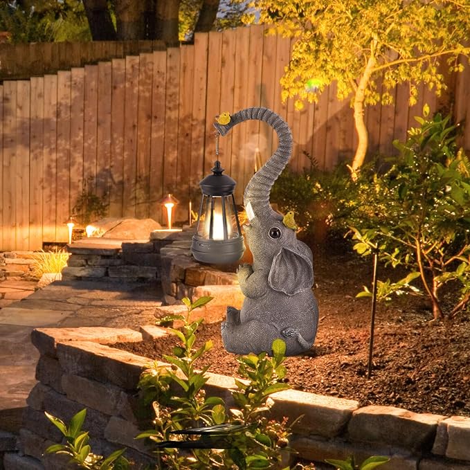 Solar Outdoor Garden Statues Lights, Mom Gifts Birthday Gifts for Women, Lucky Elephant Unique Housewarming Gifts and Yard Decoration, Elephant Figurines with Cute Birds Garden Sculpture Decor