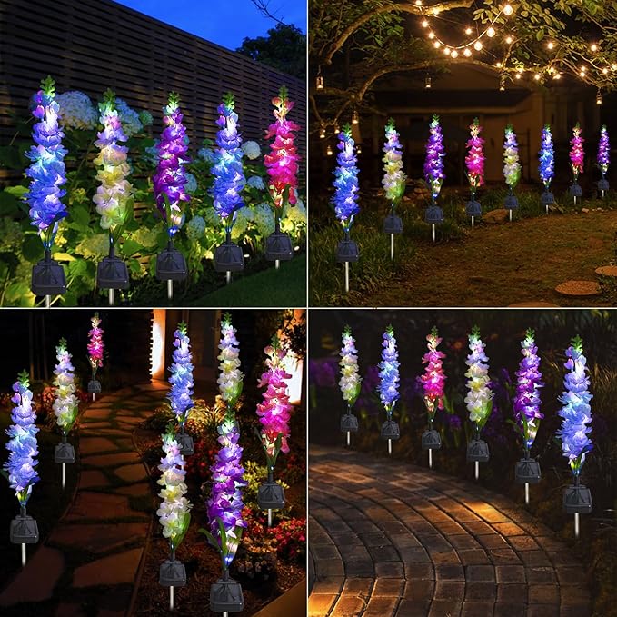 Solar Garden Lights, 6 Pack 20 LEDs Solar Delphinium Flowers Lights Gifts for Mom Grandma Women, Waterproof Solar Outdoor Lights Two Lighting Modes for Wedding Garden Yard Patio Decor