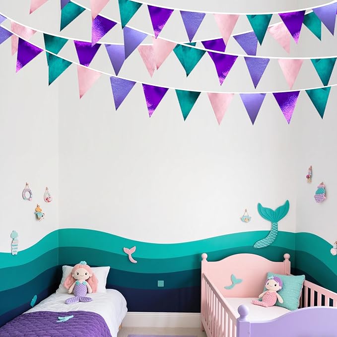 Mermaid Party Decorations Purple Pink and Teal Aqua Metallic Fabric Triangle Pennant Banner Flag Bunting Garland for Mermaid Under the Sea Birthday Wedding Baby Shower Engagement Party Supplies