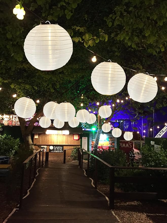 Lantern String Lights Outdoor, 27.5FT White Lantern String Lights Plug in with 10 Nylon Lanterns and G40 LED Bulbs, Hanging Light Strings Waterproof for Indoor Bedroom Outdoor Patio Wedding Party