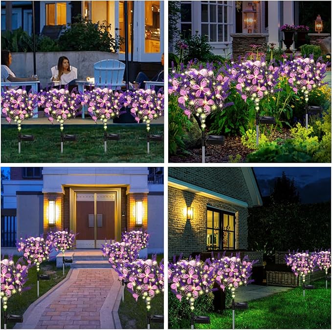 Solar Garden Lights Outdoor, 4 Pack Purple Lavender Solar Butterfly Lights Gardening Gifts for Women, Solar Artificial Flower with Butterfly Purple Garden Decor for Lawn Patio-Warm White