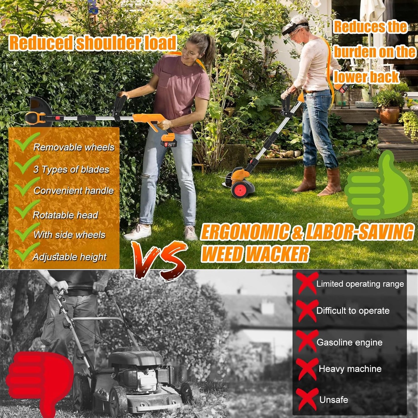 Electric Weed Wacker Cordless Battery Powered Eater,21V/4.0Ah Lightweight No-String Weed Trimmer with 2 Battery Operated& Wheels,3 in 1 Stringless Grass Trimmer/Edger/Brush Cutter for Garden Yard Lawn