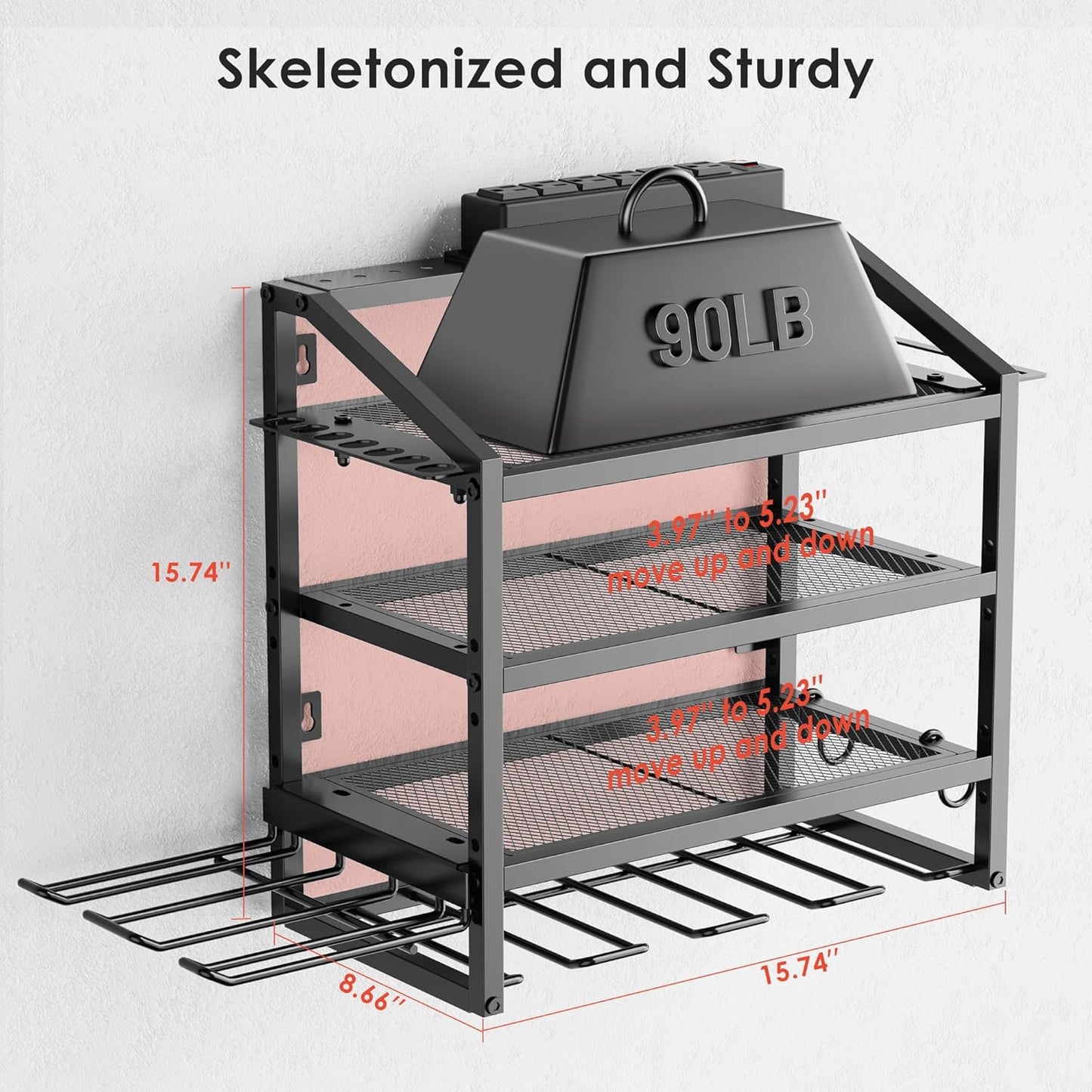 Power Tool Organizer Wall Mount with Charging Station, 4 Layer Storage Rack and Tool Holder for Garage Organization, 6 Drill Holder Wall Mount, 4 Hooks and 6 Outlet Power Strip, Great Men's Gift