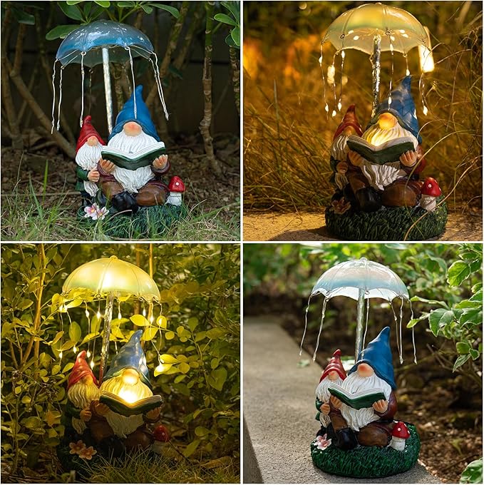 mopha Garden Gnomes Statues Outdoor Decor Gifts, Resin Figurines Outside Decoration Ornaments Clearance Gardening Decoration, Solar Powered Umbrella Fireworks Lights