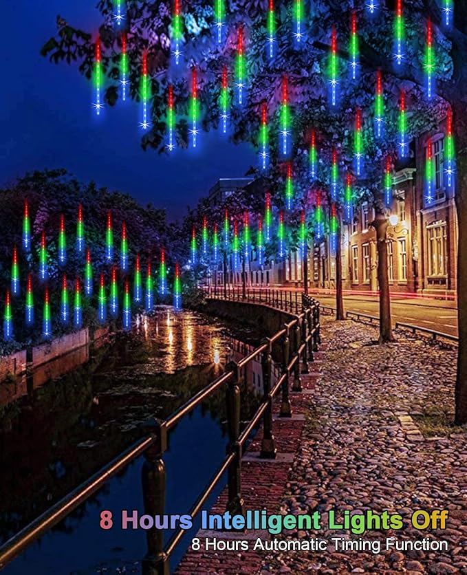 Meteor Shower Lights Outdoor Solar Meteor Lights Falling Rain Lights 16 Tubes 16 Inch 576LED Cascading Snowfall Christmas Lights for Holiday Wedding New Year Party Yard House Roof Tree Mall Decoration